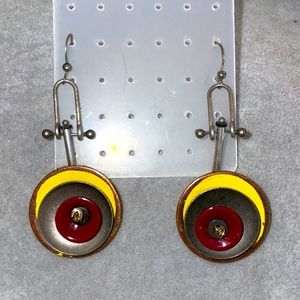 Funky Handcrafted multi-disc and silver art dangle earrings